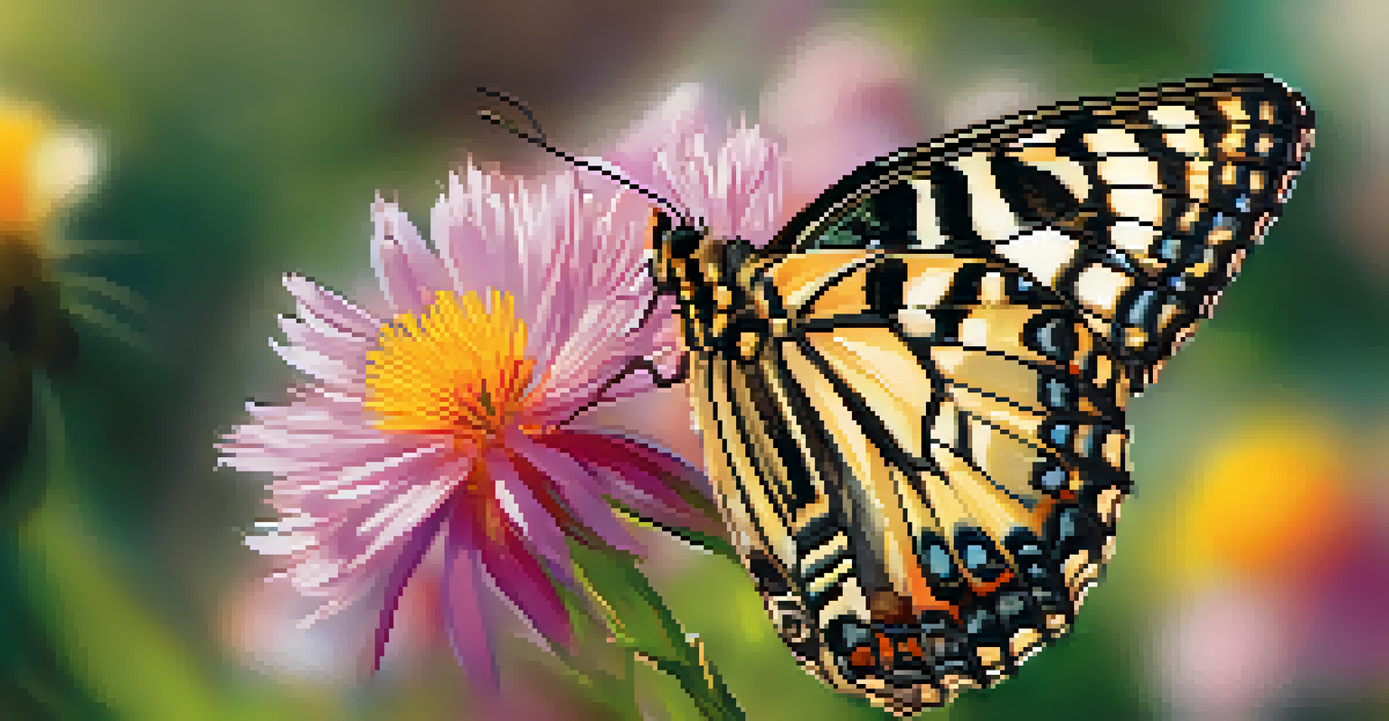 A detailed close-up of a butterfly on a flower, highlighting its colorful wings against a blurred background.