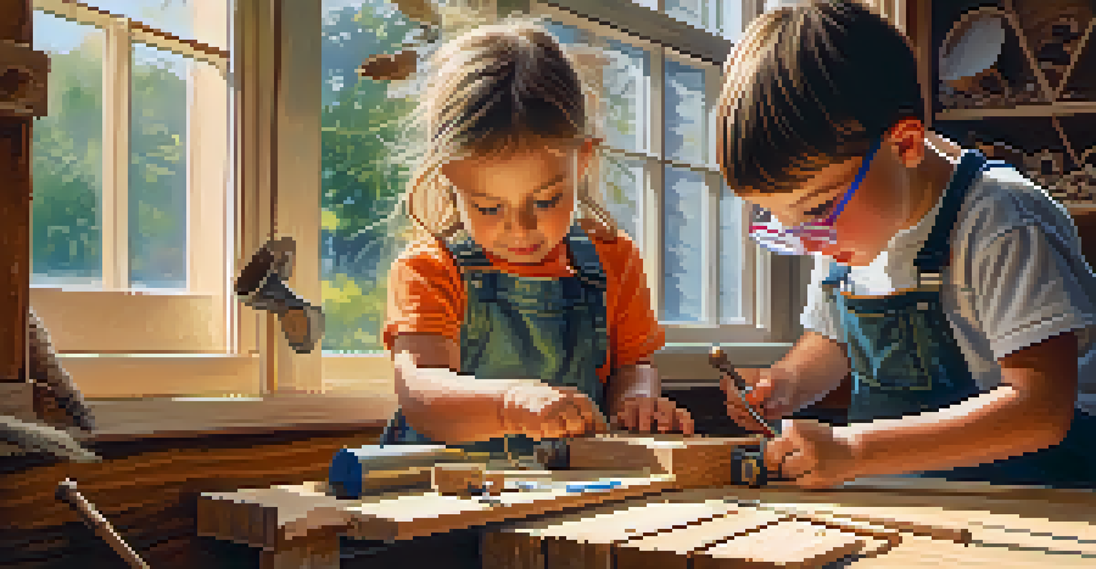 A child and an adult building a birdhouse together in a workshop, surrounded by tools and wood.