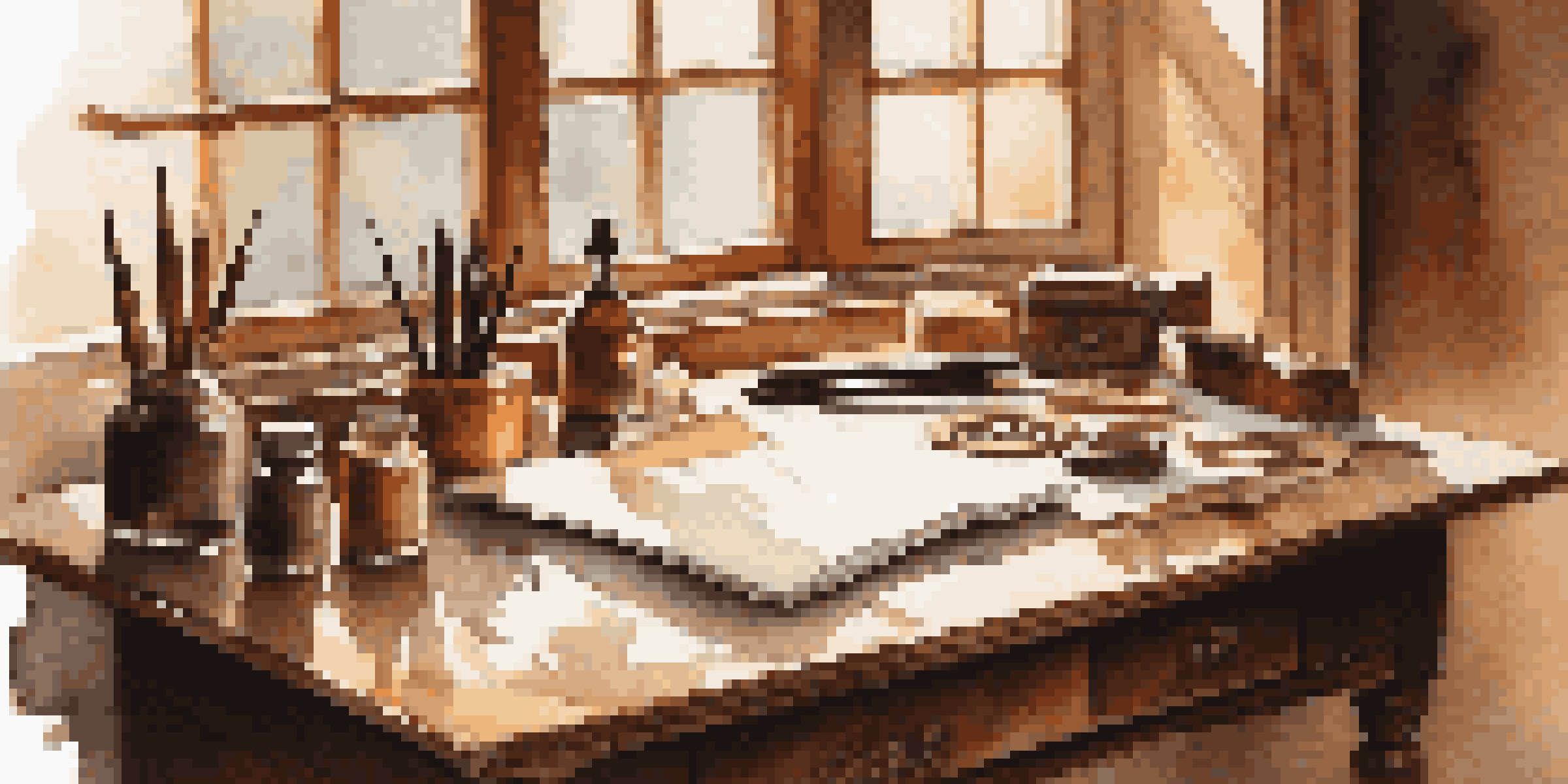 A wooden desk with calligraphy tools including a dip pen, ink bottles, and smooth paper, illuminated by natural light.