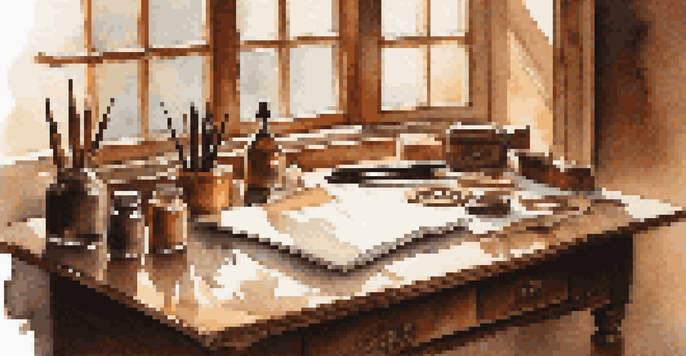 A wooden desk with calligraphy tools including a dip pen, ink bottles, and smooth paper, illuminated by natural light.