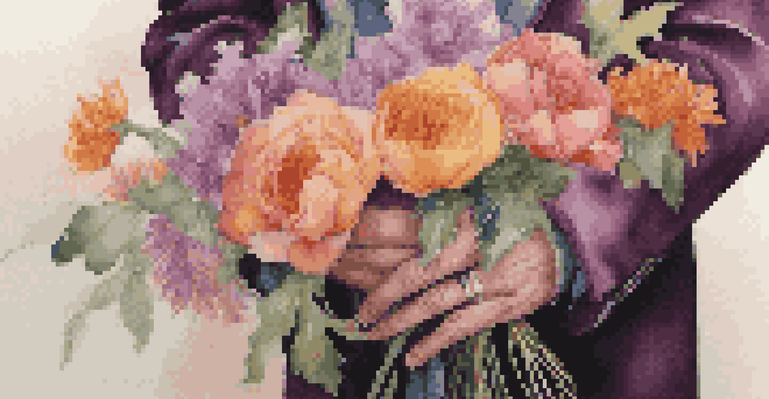 A close-up of a magician's hand revealing a bouquet of flowers from a silk scarf, with a softly blurred background.
