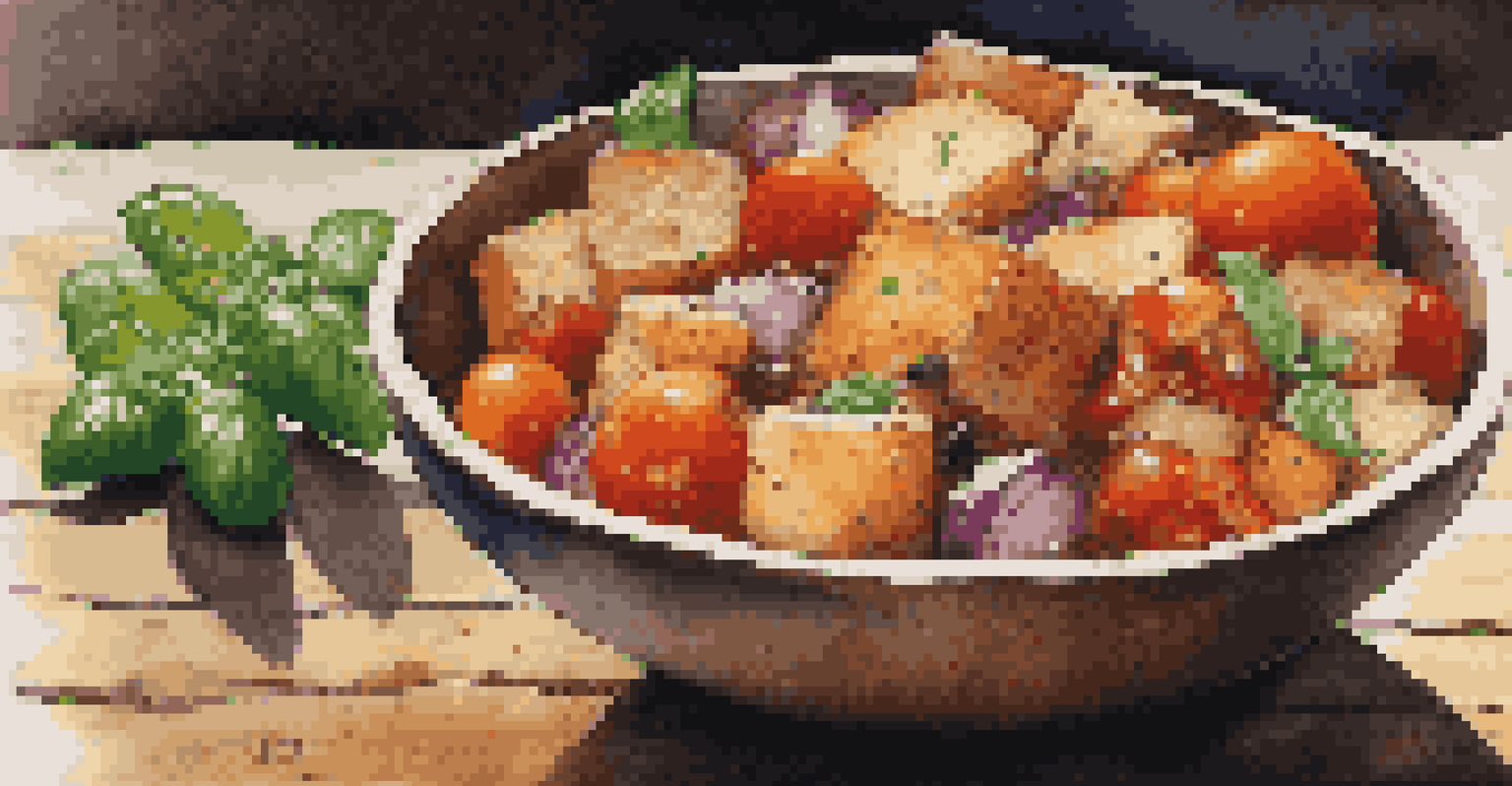 A colorful panzanella salad with tomatoes, onions, and bread on a wooden table illuminated by sunlight.