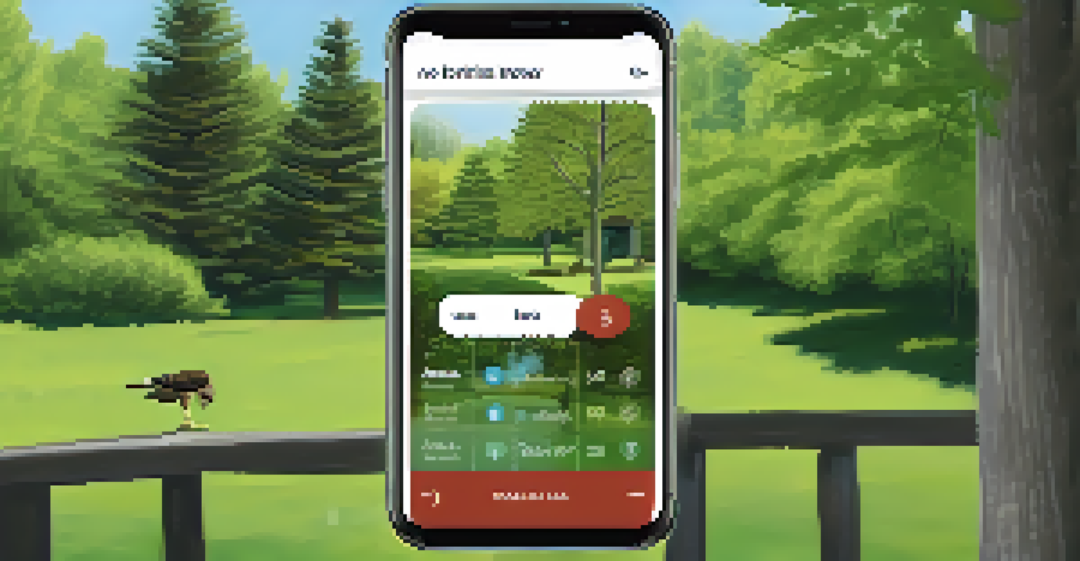 A smartphone showing a birdwatching app with a profile of a red-tailed hawk, set against a blurred green park background.
