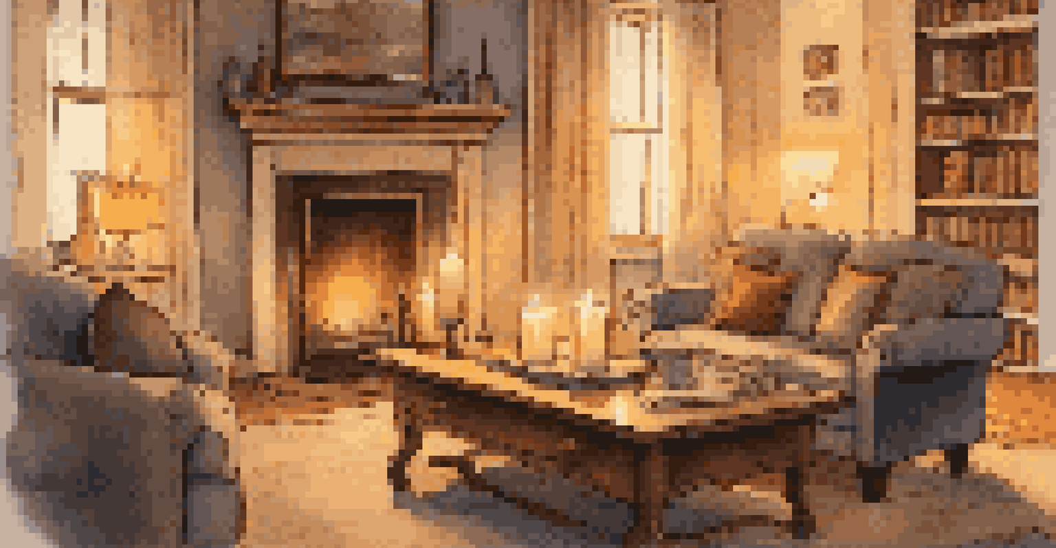 A cozy living room with a burning candle on a coffee table, surrounded by cushions and a softly lit ambiance.