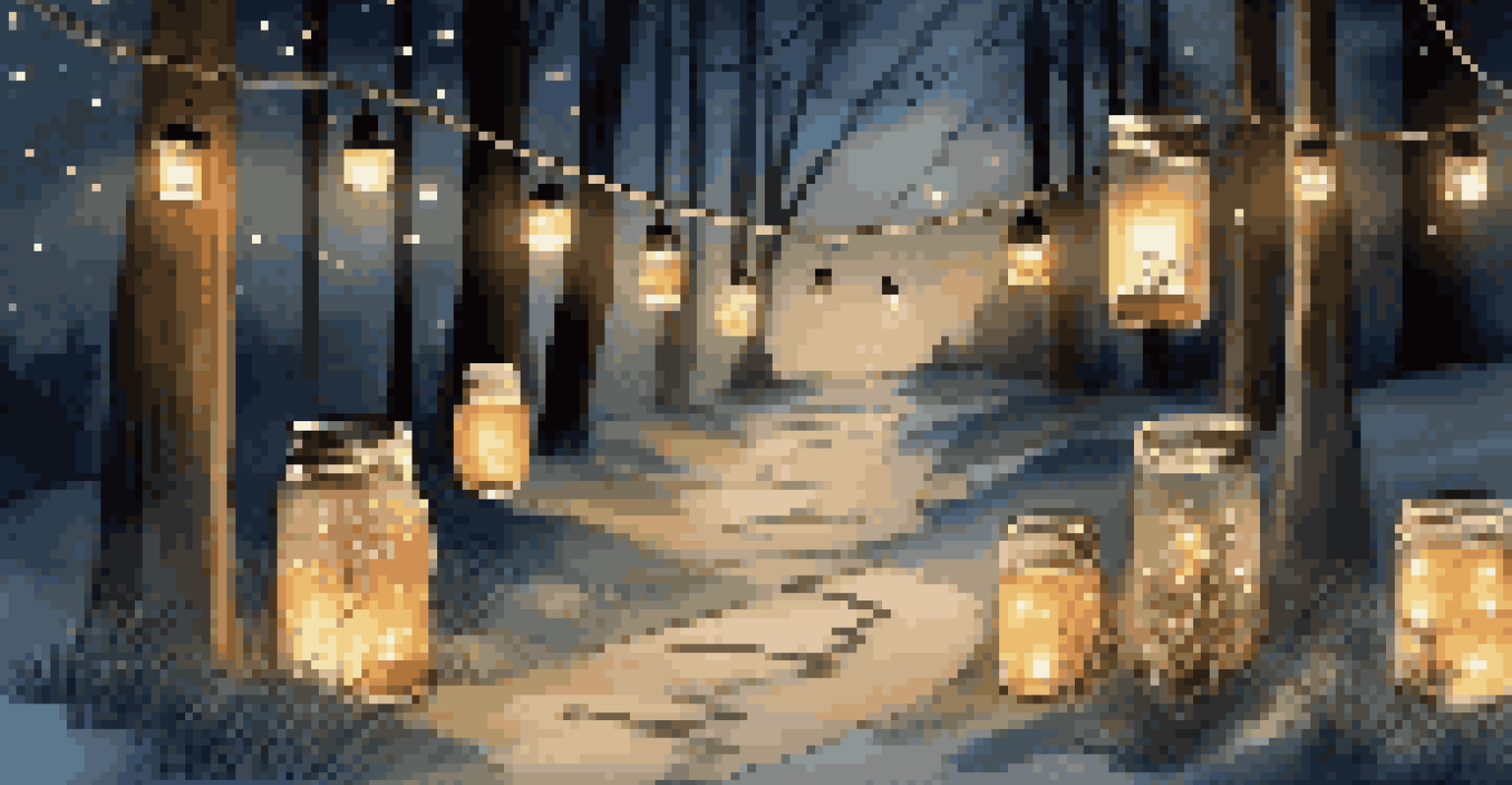 A row of DIY lanterns made from mason jars with fairy lights, placed along an outdoor pathway.
