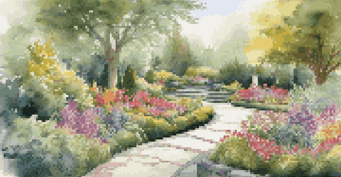 A beautiful virtual garden filled with colorful flowers and a winding pathway, featuring a cozy seating area and dappled sunlight.