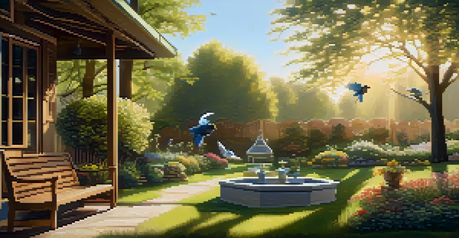 A peaceful birdwatching space in a garden with benches and bird feeders, illuminated by soft morning light.