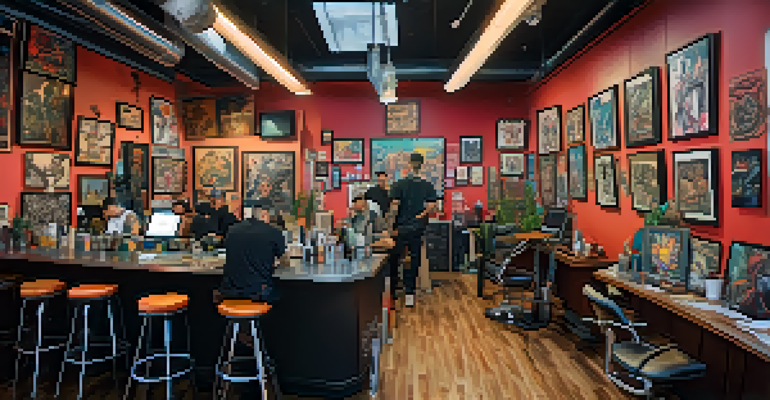 An interior view of a tattoo studio with colorful artwork on the walls and artists working on tattoos, creating a vibrant atmosphere.