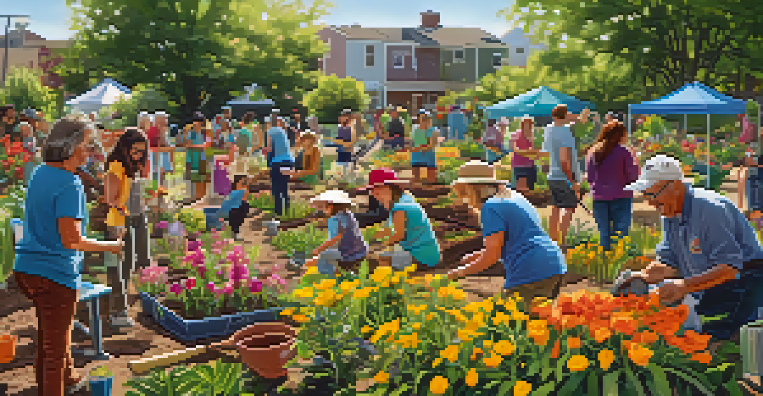 A community gardening event with people planting native plants, surrounded by colorful flowers and tools in a sunny environment.