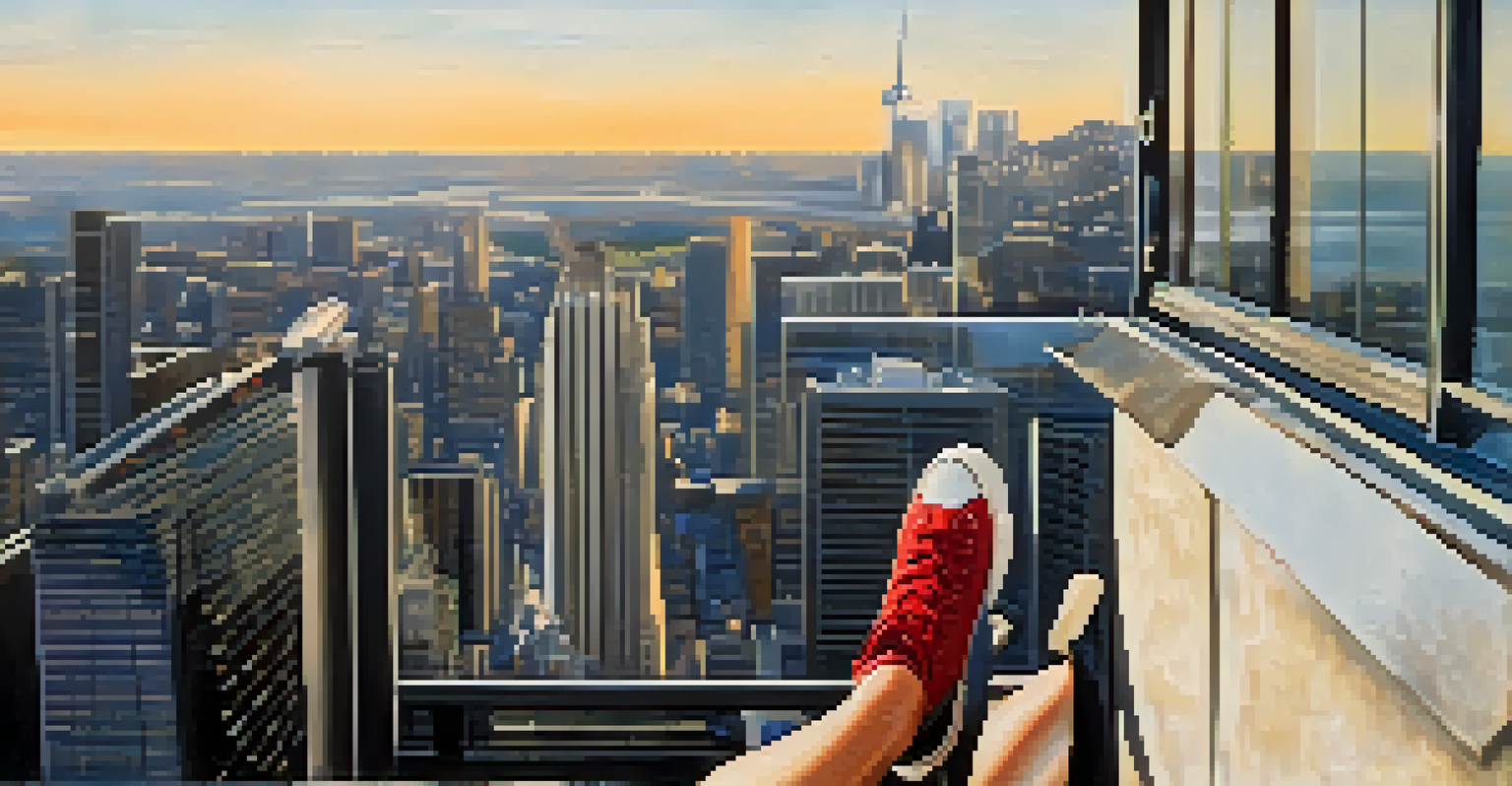Close-up of a parkour practitioner's feet poised to jump off a ledge in an urban environment.