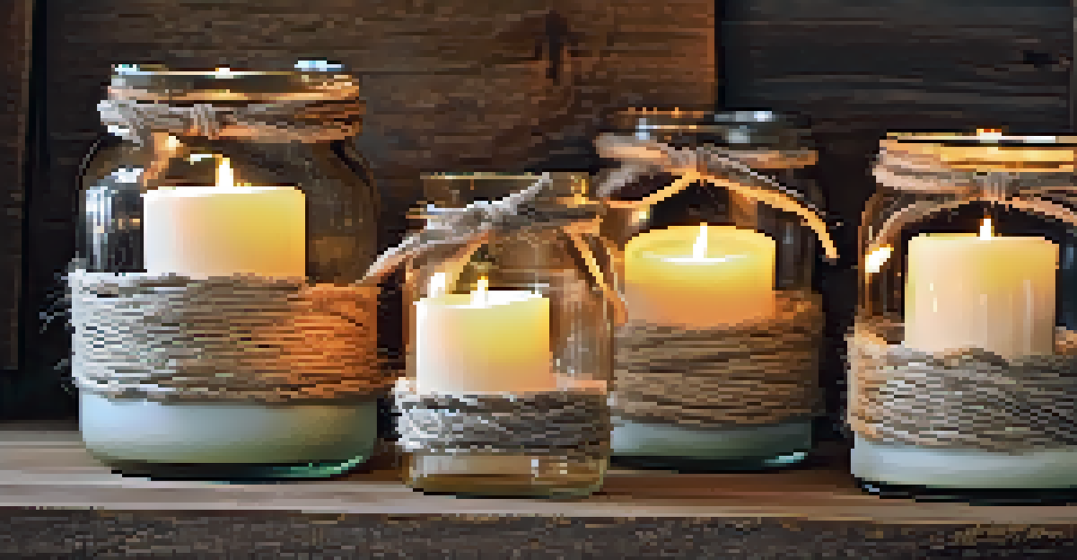 Close-up of upcycled glass jars used as elegant candle holders with soft candlelight.