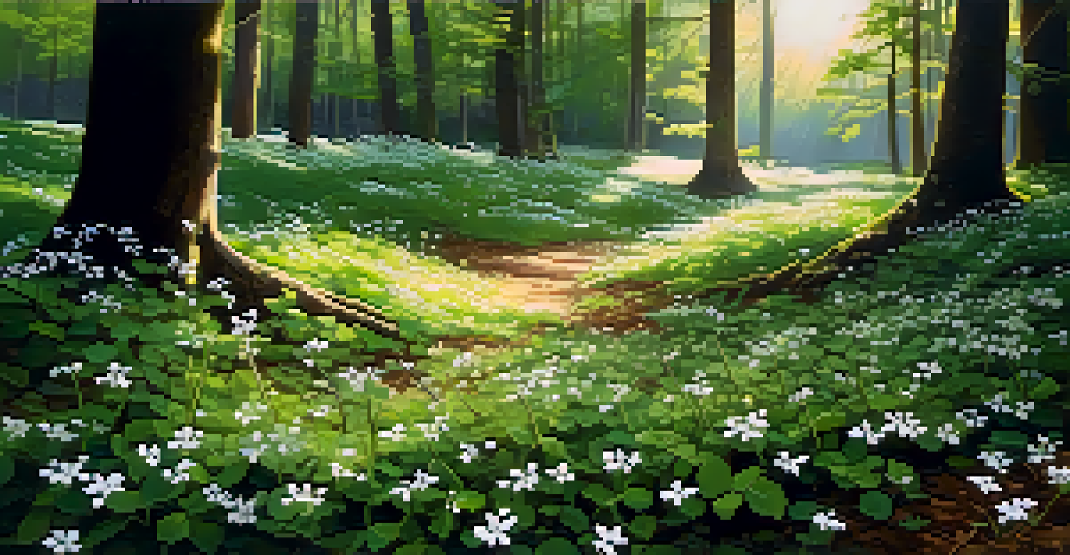 Forest floor covered with chickweed, showing white flowers and green leaves in sunlight.