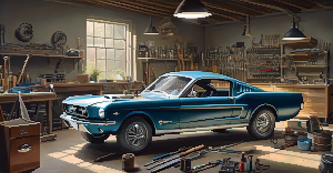A vintage car workshop with a classic Mustang in restoration, tools spread around, bathed in warm natural light.