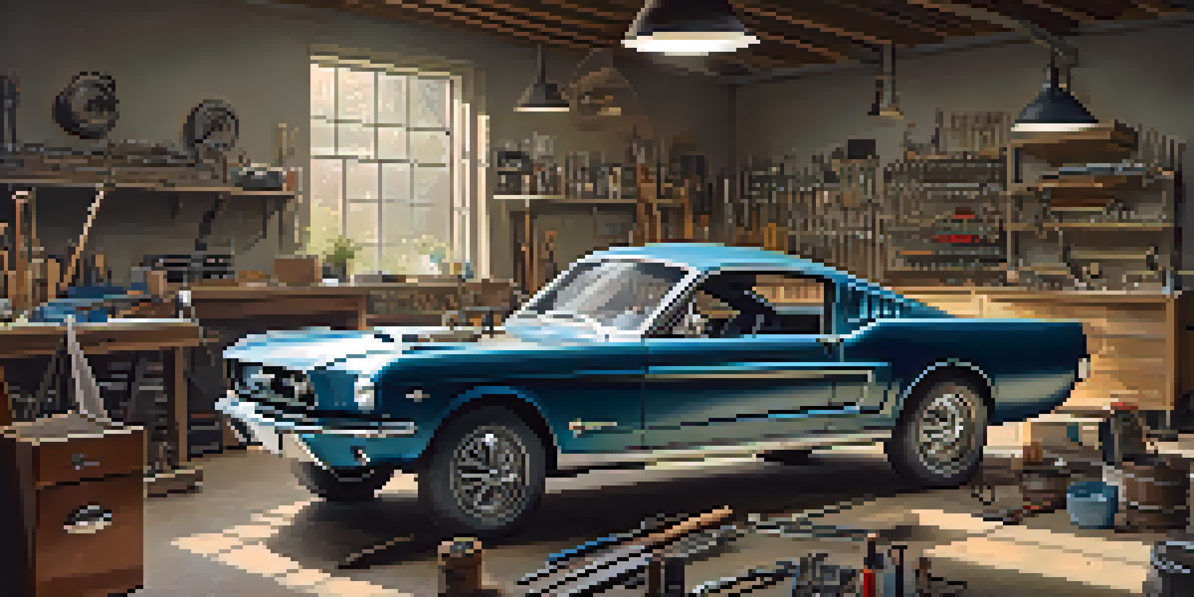 A vintage car workshop with a classic Mustang in restoration, tools spread around, bathed in warm natural light.
