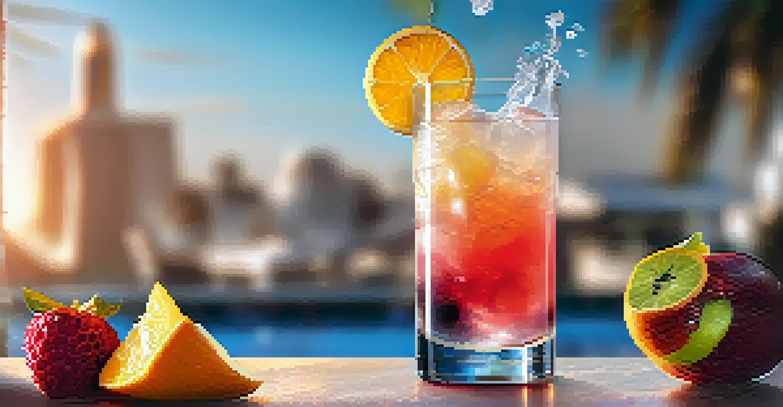 A close-up of a cocktail being poured from a shaker into a glass, with ice and fruit garnishes.