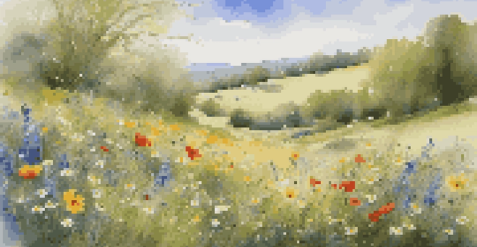 A colorful spring meadow with various wildflowers blooming under a clear blue sky.