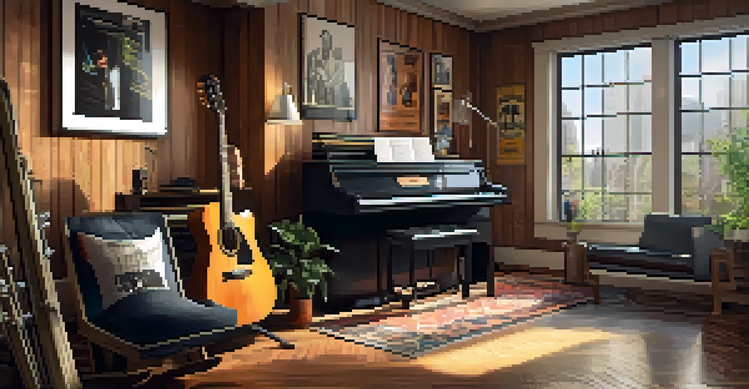 A cozy music studio with various instruments and natural light streaming in from windows.