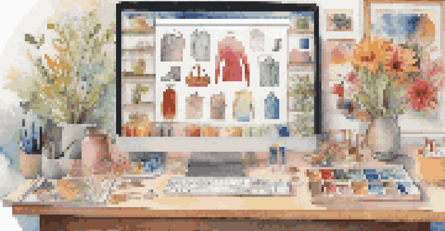 A computer screen displaying various handmade items from an online crafting community, surrounded by crafting materials.