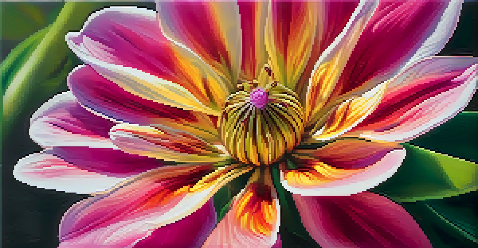 Close-up of a colorful flower with detailed petals against a blurred green and brown background.