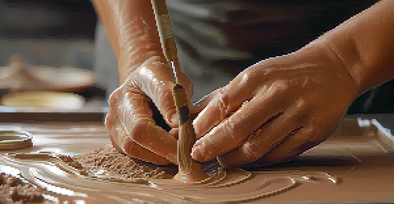Close-up of hands shaping wet clay, highlighting the textures and details of the clay in a softly lit environment.
