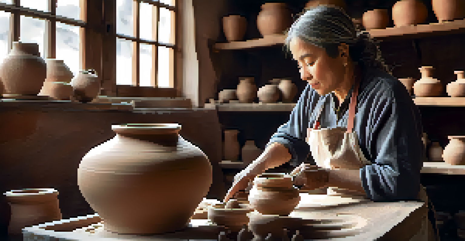 A close-up of a woman crafting pottery in her workshop, showcasing her hands at work and the surrounding tools.