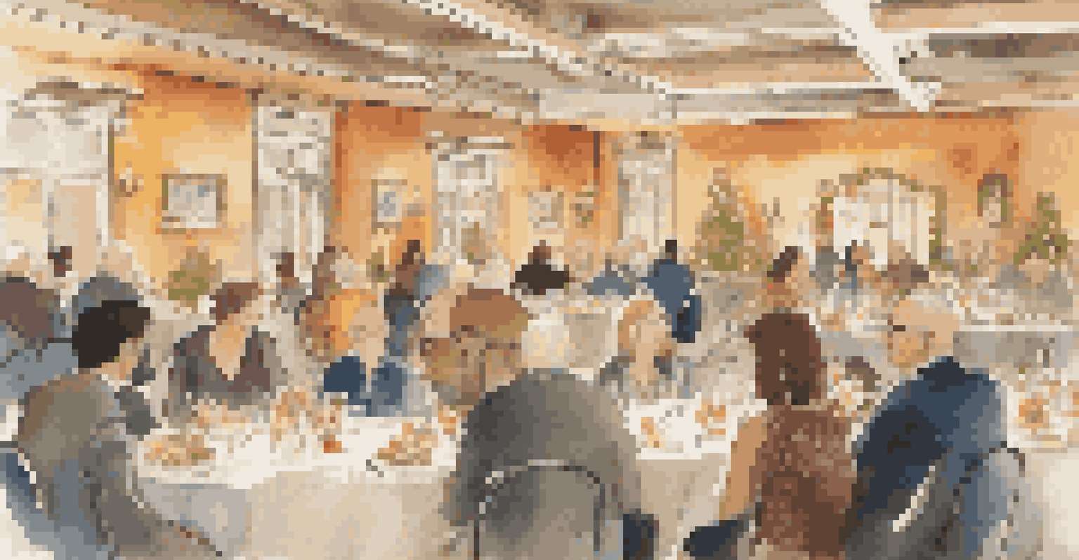 A social gathering at a genealogy conference with attendees enjoying a meal and engaging in conversations at elegantly set tables.
