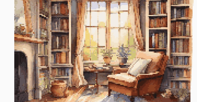 A cozy reading nook with an armchair, bookshelves, a cup of tea, and sunlight filtering through a window.