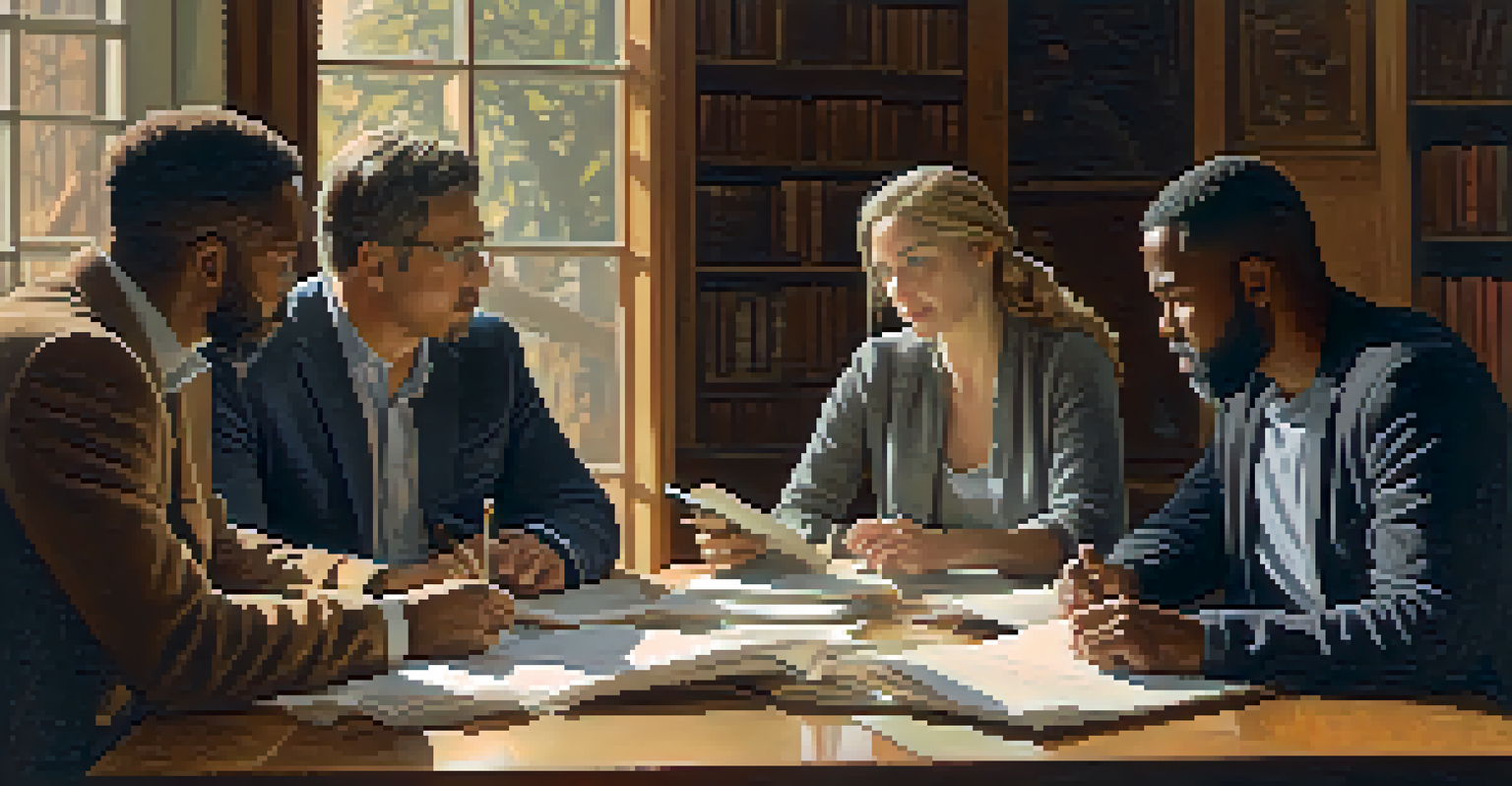 A diverse group of individuals engaged in a thoughtful discussion about history around a wooden table.