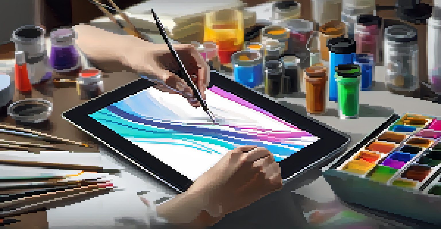 An artist using a tablet to create an abstract digital painting, with colorful artwork on the screen.