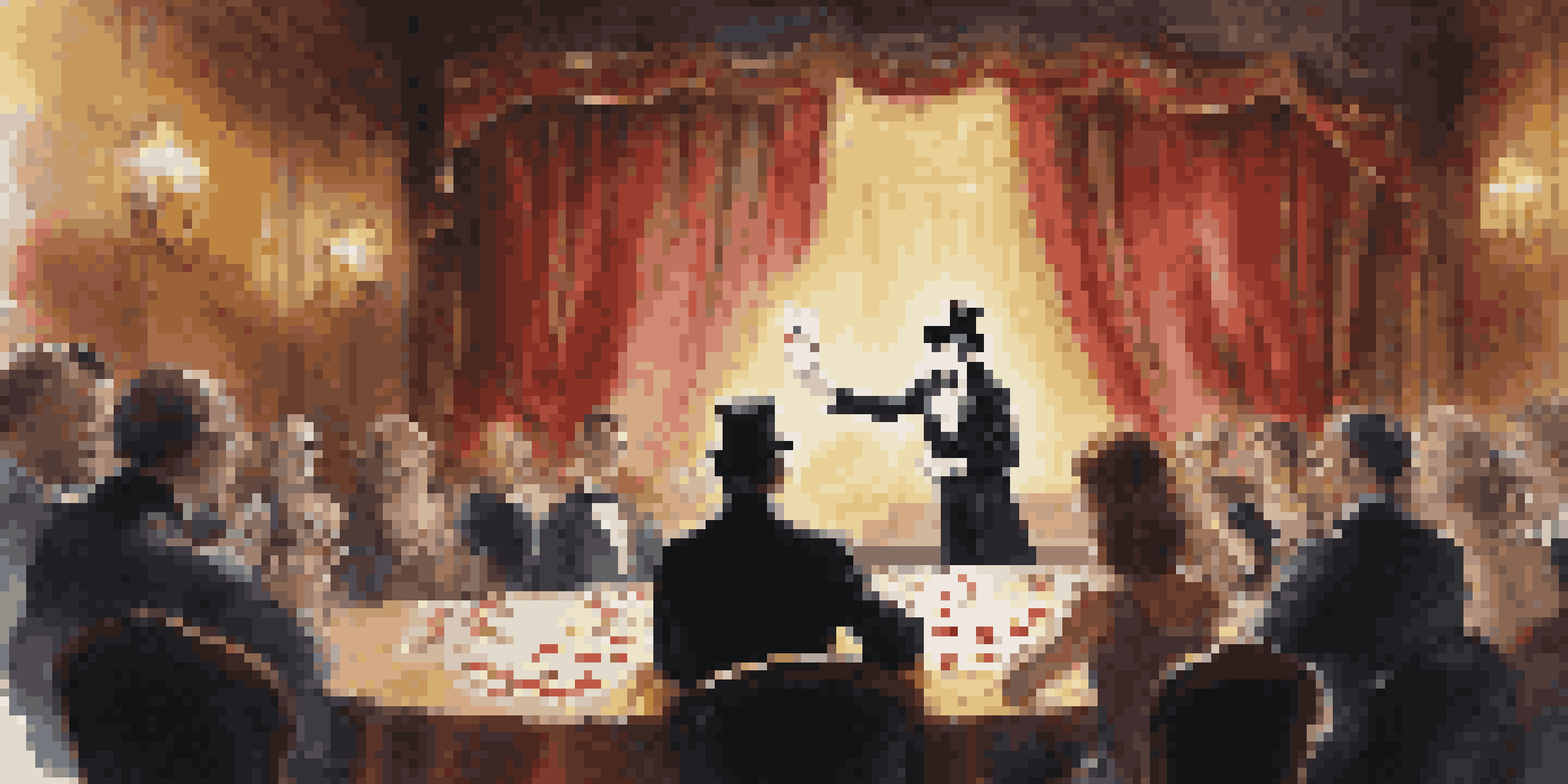 A magician in a tuxedo performing a card trick on stage, with playing cards floating around him and an audience watching in awe.