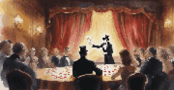 A magician in a tuxedo performing a card trick on stage, with playing cards floating around him and an audience watching in awe.
