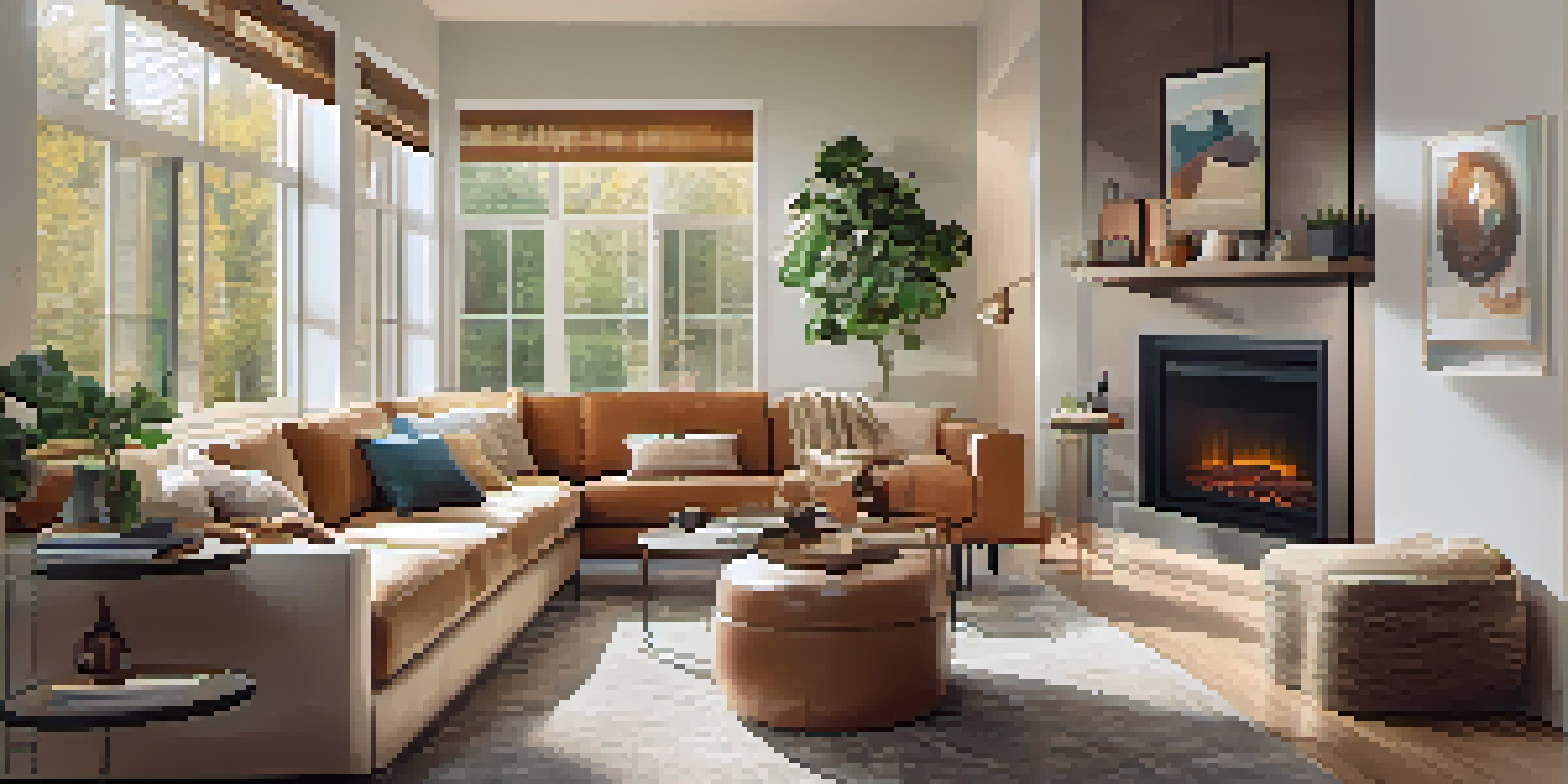 A modern living room with smart lighting and devices, showcasing a warm and inviting atmosphere.