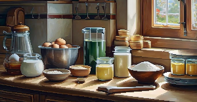 A baking station with flour, sugar, eggs, and butter, measuring cups, and a kitchen scale, illuminated by warm light.