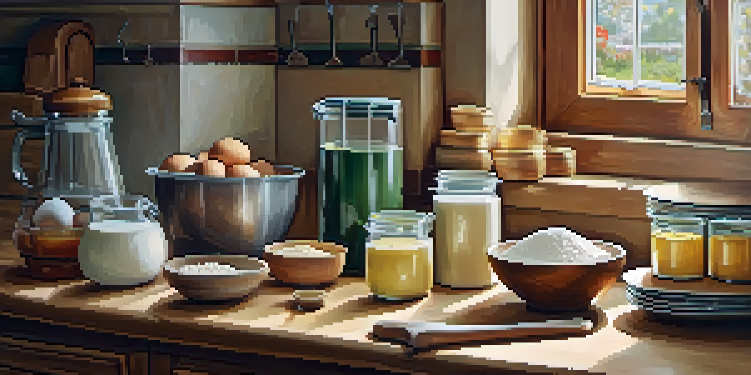 A baking station with flour, sugar, eggs, and butter, measuring cups, and a kitchen scale, illuminated by warm light.