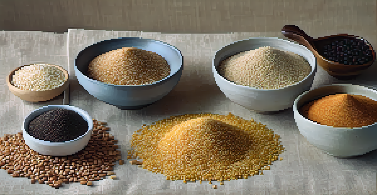 An arrangement of small bowls filled with different ancient grains on a linen cloth, highlighting their colors and textures.