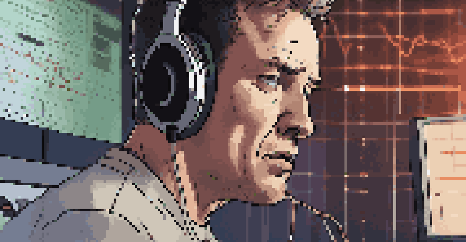 A voice actor in a sound booth, wearing headphones and reading a script with a focused expression.