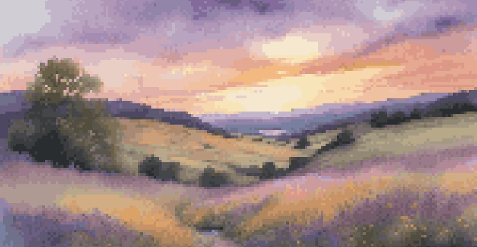 A picturesque landscape with a vibrant sunset, rolling hills, and colorful wildflowers near a reflective stream.