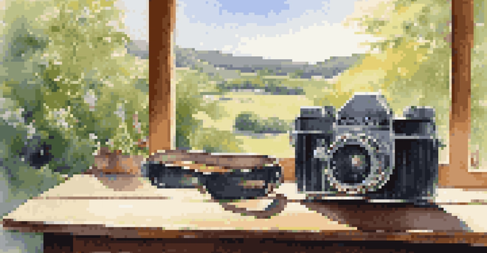 A vintage camera on a wooden table surrounded by nature, with sunlight filtering through leaves and a soft-focus landscape in the background.