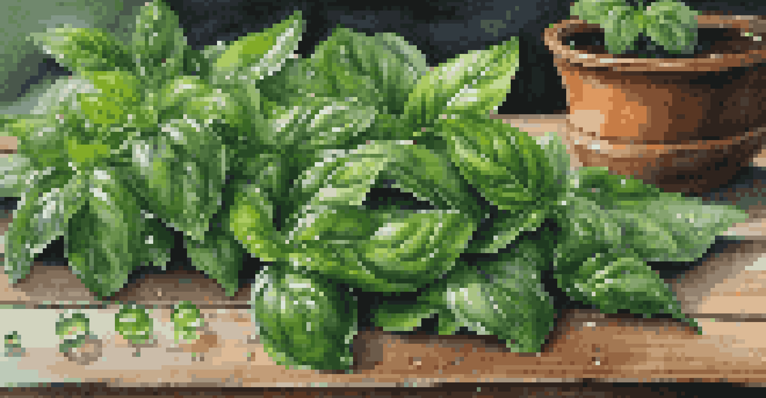 Close-up of freshly harvested basil leaves on a wooden table, with water droplets, and a blurred basil plant in the background.