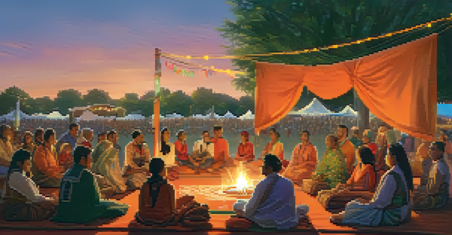 A vibrant outdoor festival with performers in traditional attire sharing stories, surrounded by an engaged audience at sunset.