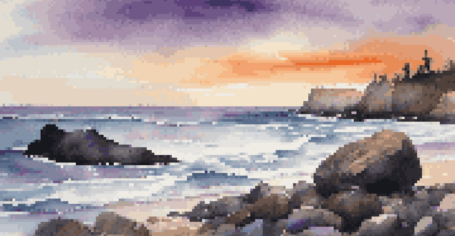 A dramatic coastline at sunset with waves and boulders highlighting the ocean's vastness.