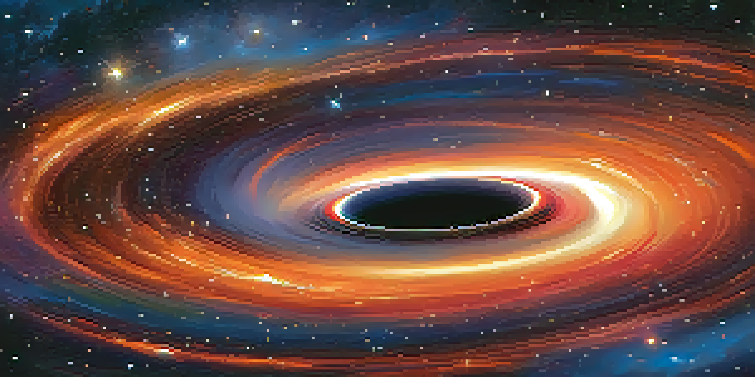 A black hole in space with a glowing accretion disk of hot gas and particles, surrounded by a star-filled galaxy.
