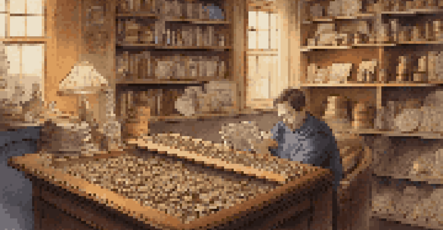 A collector documenting their coin collection on a digital tablet in a cozy study filled with books and collectibles.