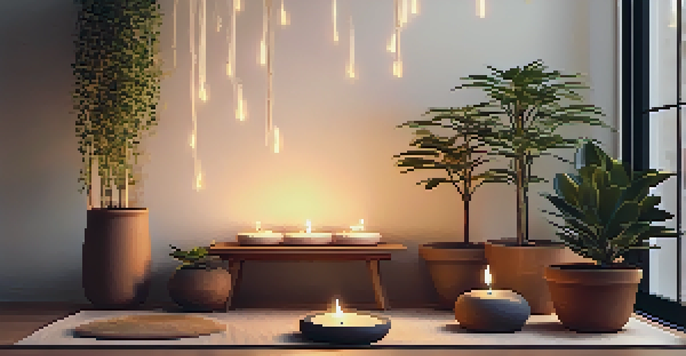 A peaceful meditation area with candles, plants, and a soft mat, creating a tranquil atmosphere.