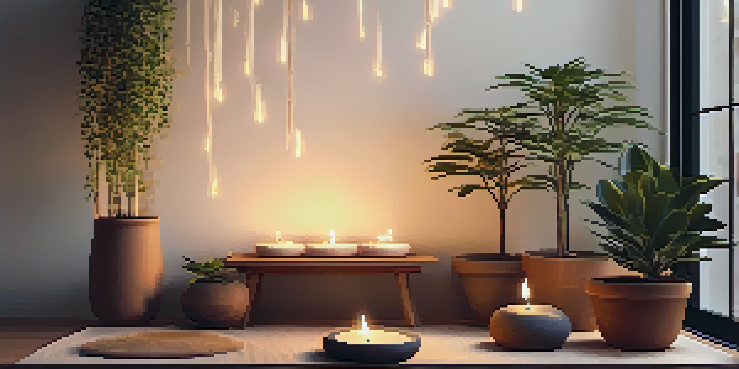 A peaceful meditation area with candles, plants, and a soft mat, creating a tranquil atmosphere.