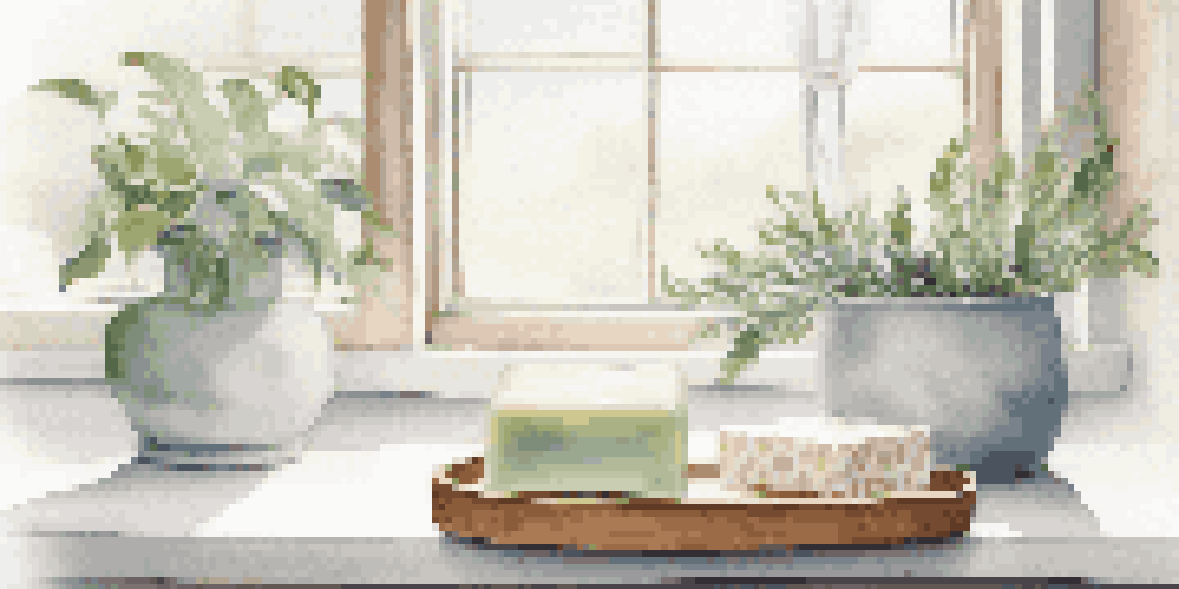A wooden soap dish with a pastel-colored handmade soap bar in a serene bathroom setting, illuminated by soft natural light and surrounded by minimalistic decor.