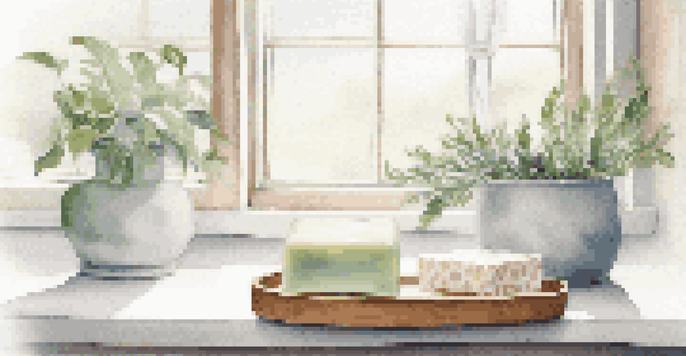 A wooden soap dish with a pastel-colored handmade soap bar in a serene bathroom setting, illuminated by soft natural light and surrounded by minimalistic decor.