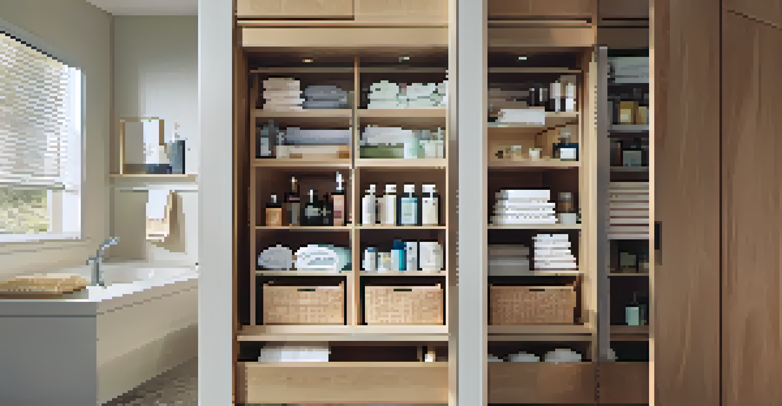 An organized under-sink area in a bathroom with a sliding shelf and neatly arranged cleaning supplies, illuminated by warm lighting.