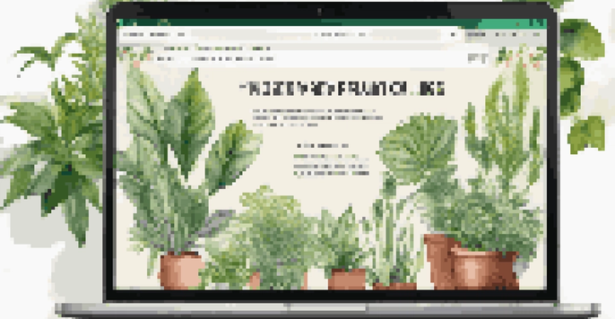 A laptop screen showing a colorful digital plant catalog with various plants and care information, surrounded by an indoor garden.