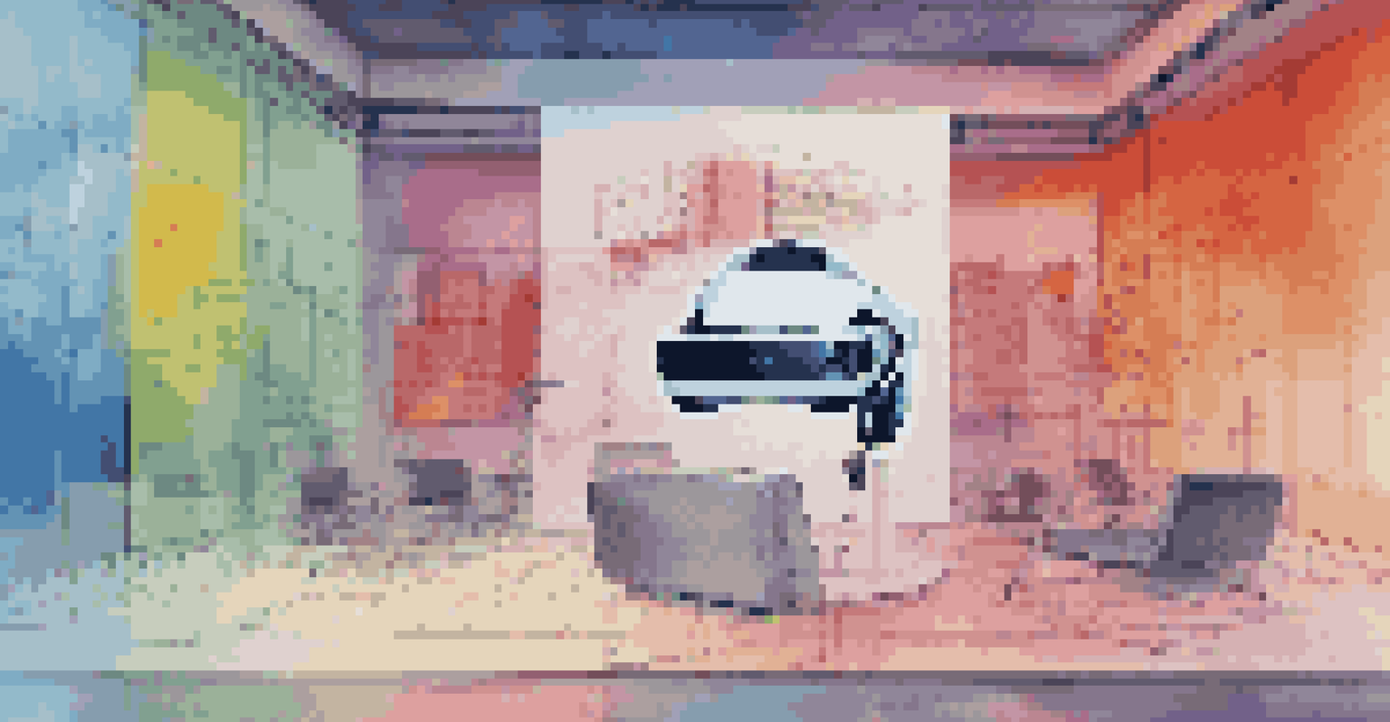 A virtual reality headset next to a scale model of a building, with colorful design sketches in the background.
